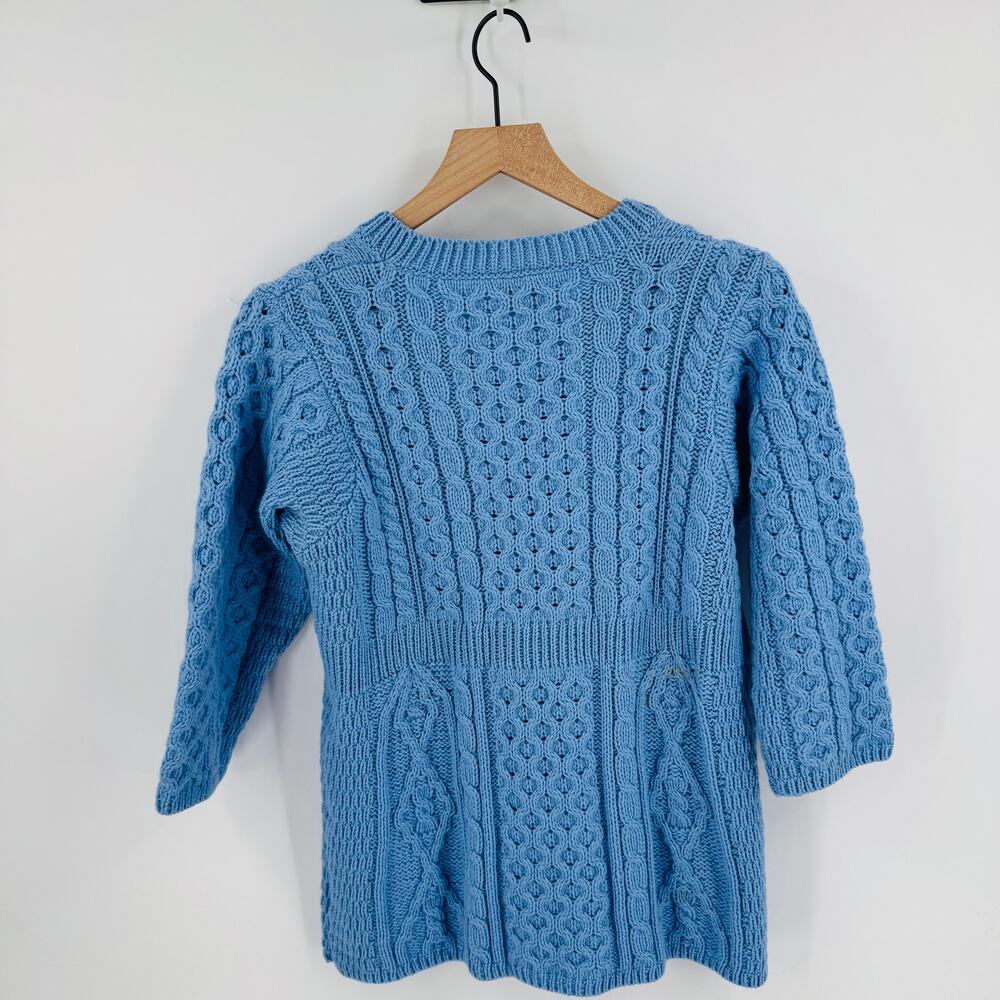 Kilronan Knitwear Irish Merino Wool Blue Aran Cardigan Buttons Small Fisherman - Picture 2 of 6